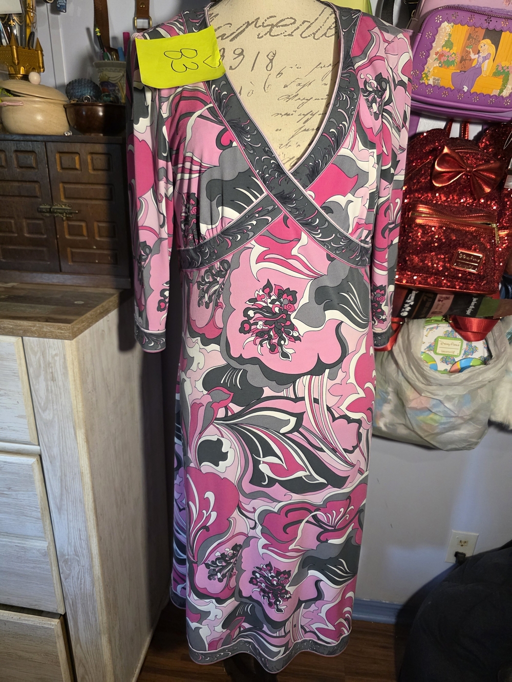 Tahari Pink and Gray Printed Midi Dress